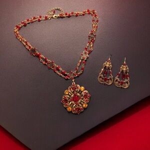 Vintage Signed Avon Bold Red Rhinestone Scarlett Necklace & Drop Earrings